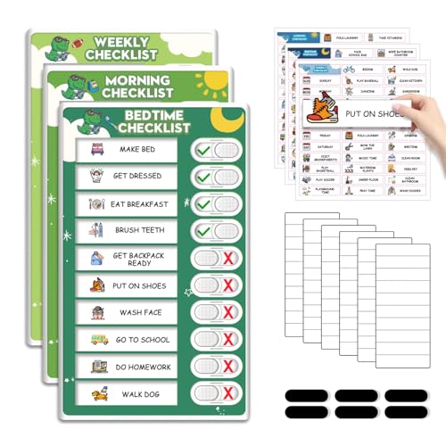 Image of 3 in 1 Upgraded Slider Bedtime /Morning /Weekly Routine Chart for Kids, Magnetic Chore Chart for Kids with Cute Chore Stickers, Cute Visual Schedule for Kid