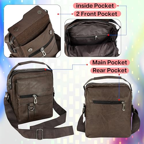 Image of Storite Textured PU Leather Sling Shoulder Bag for Men & Women | 4 Zip Pocket Crossbody Messenger Bag for Office & Travel | Dark Brown | 24.5 x 7 x 20.5cm