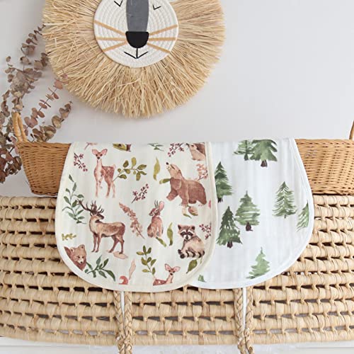 Image of LifeTree Muslin Baby Burp Cloths - Soft 2 Pack Viscose from Bamboo Cotton Large 22'' by 10.6'' Absorbent Milk Spit Up Rags - Burping Cloths for Newborn, Girls Boys, Woodland Animals & Pine Tree