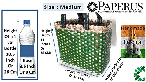 Image of Paperus, Medium, Green, Lunch Bag, Picnic Basket, Handbag, Carry Bag, Tiffin Basket for Office, Rectangular, Eco-Friendly, Handmade, of Paper Ropes, in Inch 11 H, 12 L, 6 Wide Base