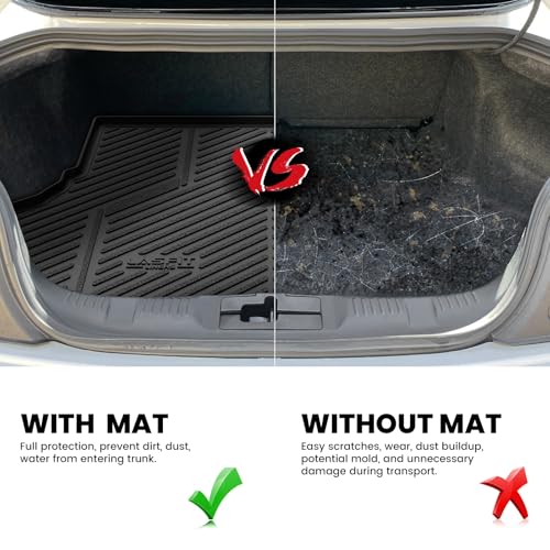 Image of LASFIT Cargo Mat for Ford Mustang 2015-2023 with or Without Subwoofer | Trunk Liner Custom Fit All Weather Protector TPE One-Piece Design Easy Installation Easy Clean Trunk Mat, 1pc Black