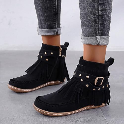 Boho Boots,Fringe Booties Women Ankle Boots,Vintage Casual Tassel Fringe Suede Wide Round Toe Ankle Booties,Winter Warm Fashionable Western Outdoor Short Boot with Zipper4
