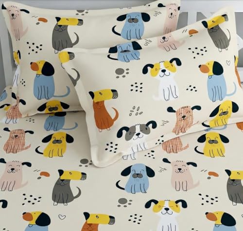 Image of RD FABS Glace Cotton Wrinkle Free Soft Hypoallergenic Double Bed King Size Bedsheet with 2 Pillow Covers, Cartoon Printed Dog Design for Kids Room Boys Girls, 90x95 Inches, Beige, 144 TC