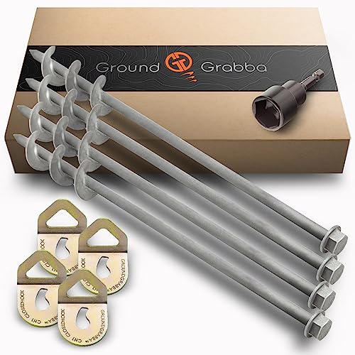 GROUNDGRABBA Screw in Tent Stake for Normal to Hard Ground | Premium Drill Driven Ground Anchor Earth Screws | 4X Pro I Stakes (1.5 Foot), 4X GroundGrabba Closed Hooks, 1X 5/8