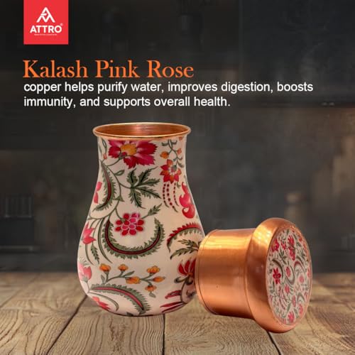 Image of ATTRO Kalash Copper Water Pot - Designer Water Storage & Serving, Ayurvedic Health Benefits, Supports Overall Health & Healthy Skin, 750ml Pink Rose