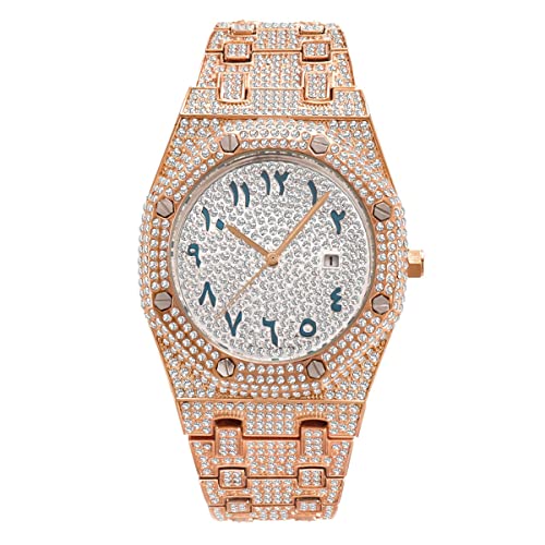 ICEDIAMOND CZ Diamant Charm Quarz Armbanduhr, vereist helle Zirkonsteine 43mm Kalender Zifferblatt Hip Hop Trend Schmuck Uhr für Männer (Rose)