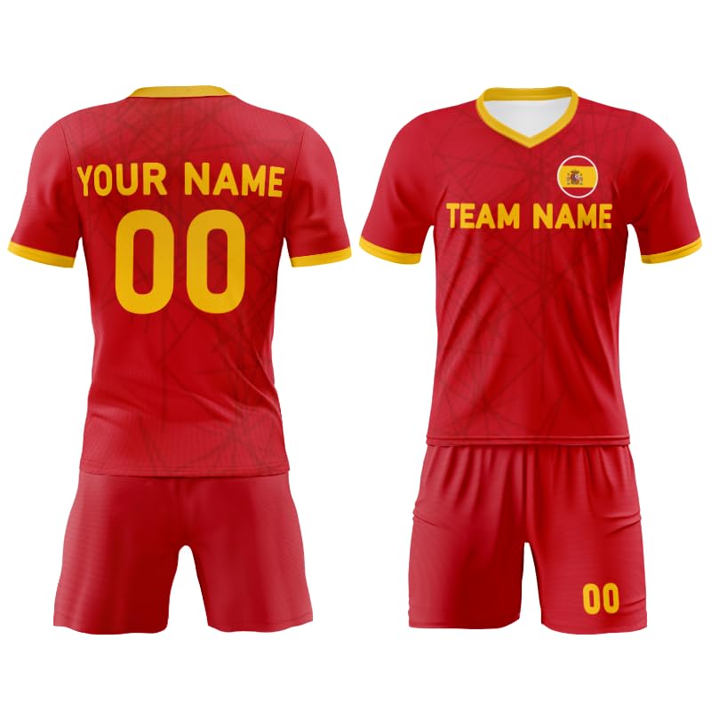 Kit de Football Personnalisé pour Hommes et Enfants - Maillot avec Drapeau de l'Espagne, Short pour Fans, Vêtements de Jeu avec Numéro d'Équipe