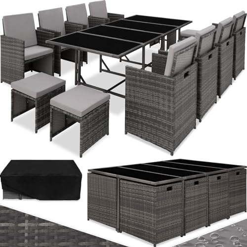 tectake Gartenlounge Set, Polyrattan Gartenmöbel Set, 8+4+1 Sitzgruppe, 8 Stühle 4 Hocker 1 Tisch, Balkon Möbel als Würfel verstaubar, inkl. Schutzhülle, für Garten, Balkon, Terrasse - grau/hellgrau