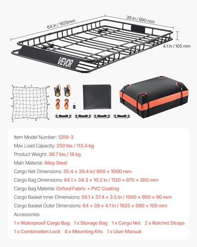 VEVOR Dachgepäckträgerkorb Autodachkorb (1625 x 990 x 105 mm) universeller Dachgepäckträger mit Gepäcktasche & Netz & Ratschengurten (113,4 kg Max Tragkraft), Autodach-Gepäckträger für SUV LKW