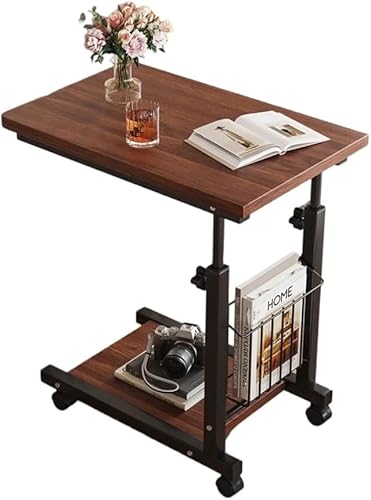 サイドテーブル キャスター付き コの字型ベッド サイドテーブル 収納ポケット付き組立簡単 高さ調節可能 介護テーブル 360°回転 48*30*55-75cm 多機能 おしゃれ 移動式 ミニ コーヒーテーブル (クルミ色)