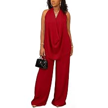 Vssjavun Womens 2 Piece Outfits Halter Top Wide Leg Pants Sets | Sleeveless,Cowl Neck,Tie-Back,Vacation Outfits,Sexy Matching Sets,for Beach Vacation,Party,Summer 2 Piece Sets,with Pockets