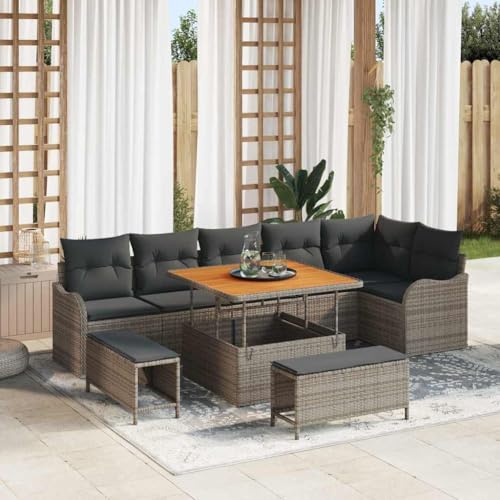 Hoopleep Garten-Sofa-Set, 9-teilig, Grau, aus Poly-Rattan und...