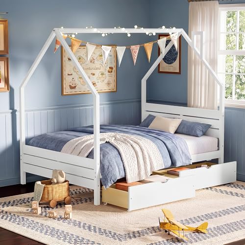 Image of Full Size House-Shape Platform Bed with Headboard and 2 Storage Drawers, Montessori Wood Bed Frame with Roof and Chimney Design, No Box Spring Needed, Easy Assembly (White-06, Full)
