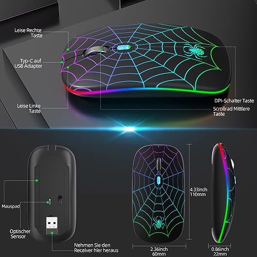 SZO Funkmaus Wiederaufladbare Maus Ergonomische 7-Farben RGB Mit USB Und Typ-C KonverterEinstellbare Genauigkeit (800/1200/1800)