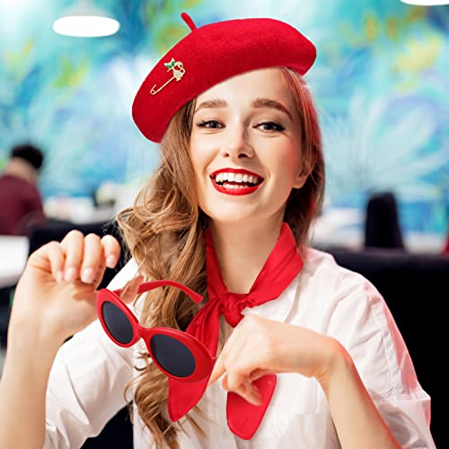 Image of Zhanmai 6 Pcs French Red Beret Hat Set Women Girls Paris Outfits Accessories Retro Chiffon Scarf Oval Sunglasses Gloves Alloy Brooch for Halloween Costume Accessories