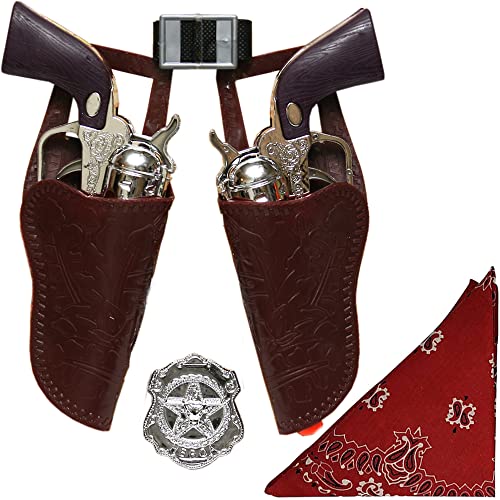 COWBOY DOUBLE GUN AND HOLSTER SET BROWN - FOR KIDS ONLY- NOT SUITABLE FOR ADULTS- APPROX 6 1/2