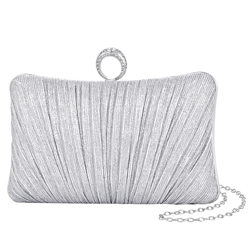 Image of Womens Golden Glitter Clutch Purse Pleated Evening Bag for Bridal Wedding Party with Rhinestone Ring