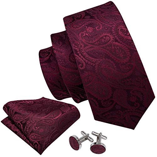 Image of Barry.Wang Men Tie Set Paisley Silk Necktie Pocket Square Cufflinks Formal Wedding Business Party