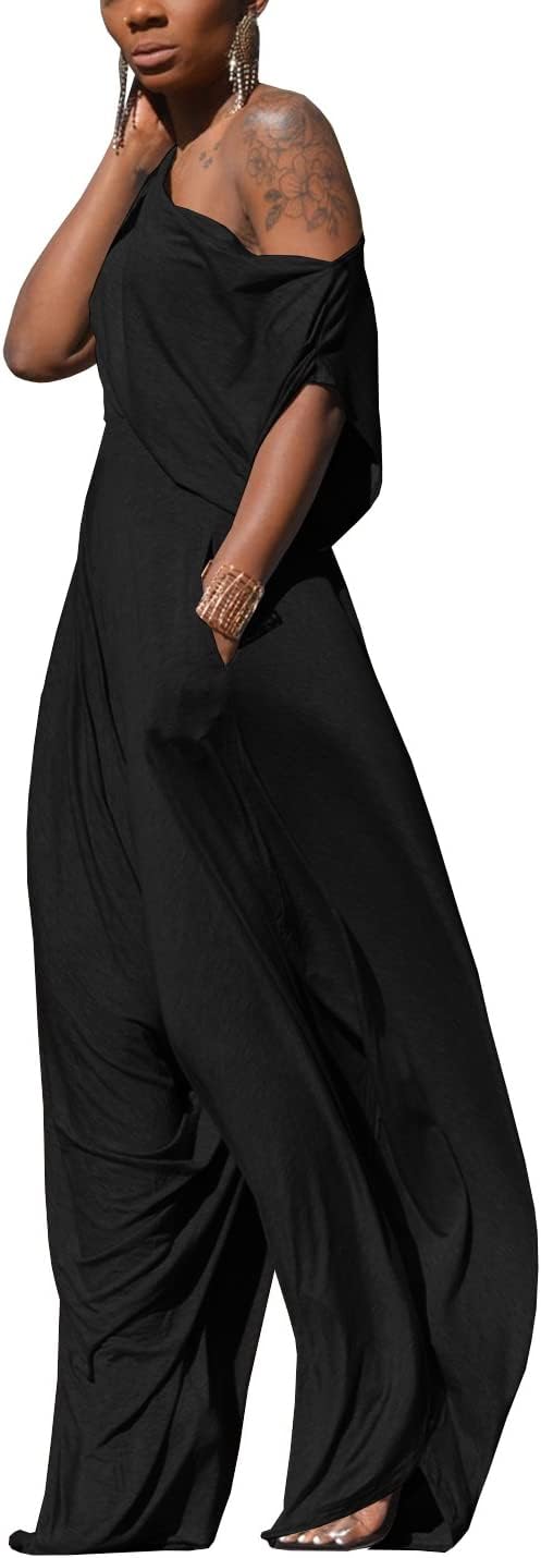 WOKANSE Womens 2 Piece Outfits Solid Short Sleeve Off One Shoulder Pullover Top and Loose Harem Pants Set Tracksuits - Image 2