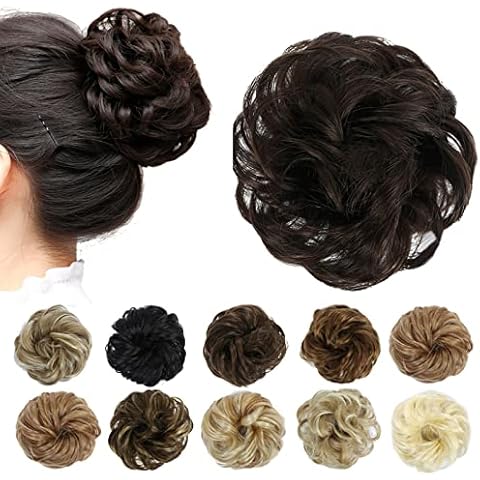 10 Color Scrunchy Scrunchie Bun Updo Hair Piece Messy Bun Hair Ribbon Ponytail Extension Hairpiece Donut Accessories, Hair Bun Extensions Wavy Curly Messy Hairpiece Bun Wigs (Dark Brown hair) Cover