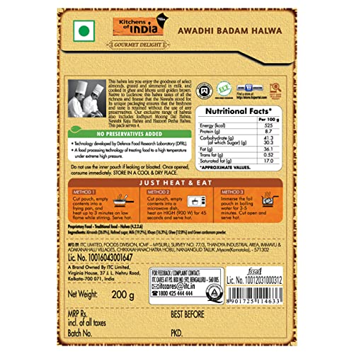 Image of Kitchens of India Awadhi Badam Halwa, ITC Ready to Eat Indian Food, Just Heat and Eat, Microwavable, 200g (Pack of 2)