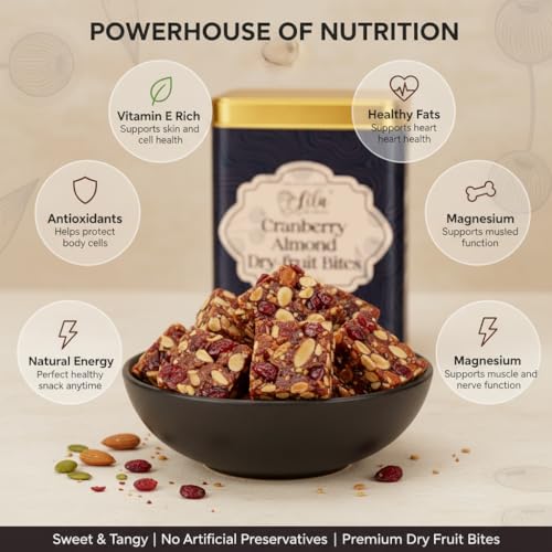 Image of LILA DRY FRUITS Dry Fruit Bites Combo 200 g x 2 Cranberry Almond & Rose Cashew Dry Fruits Barfi | Natural Dates Energy Snack | Dry Fruit Sweet Bites for Snacking Perfect for Gifting