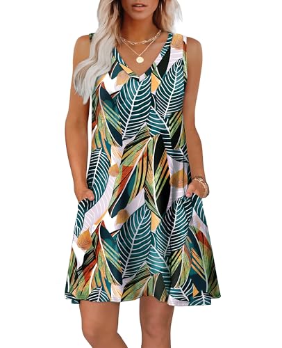 WIHOLL Spring Hawaiian Dresses for Women 2025 Flowy V Neck Sleeveless Dress Sundresses with Pockets Floral Frond XL