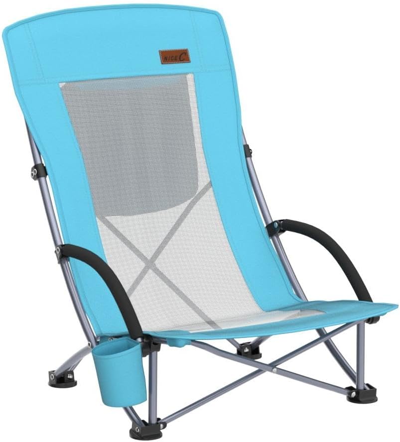 Nice C Beach Chair, Sling Sand River Chairs for Adults, Sillas De Playa, Beach Seat with Cooler High Back, Cup Holder & Carry Bag, Outdoor, Camping, Beach, Travel, Picnic, Festival (One Blue)