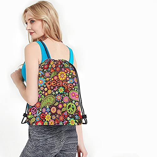 Peace Drawstring Bags Backpack Bag Sign Symbol Love Hippie Colorful Floral Butterfly Paisley Heart Leaf Sport Gym Sack Drawstring Bag String Bag Yoga Bag for Men Women4