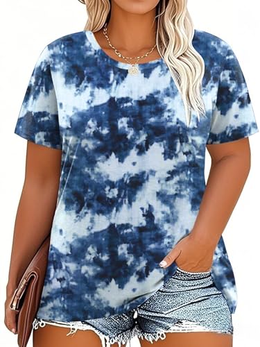 Image of VISLILY Plus-Size-Tops for Women Casual Short Sleeve T Shirts Trendy Tie Dye Crewneck Tees Comfy Loose Fit Tunics XL-5XL