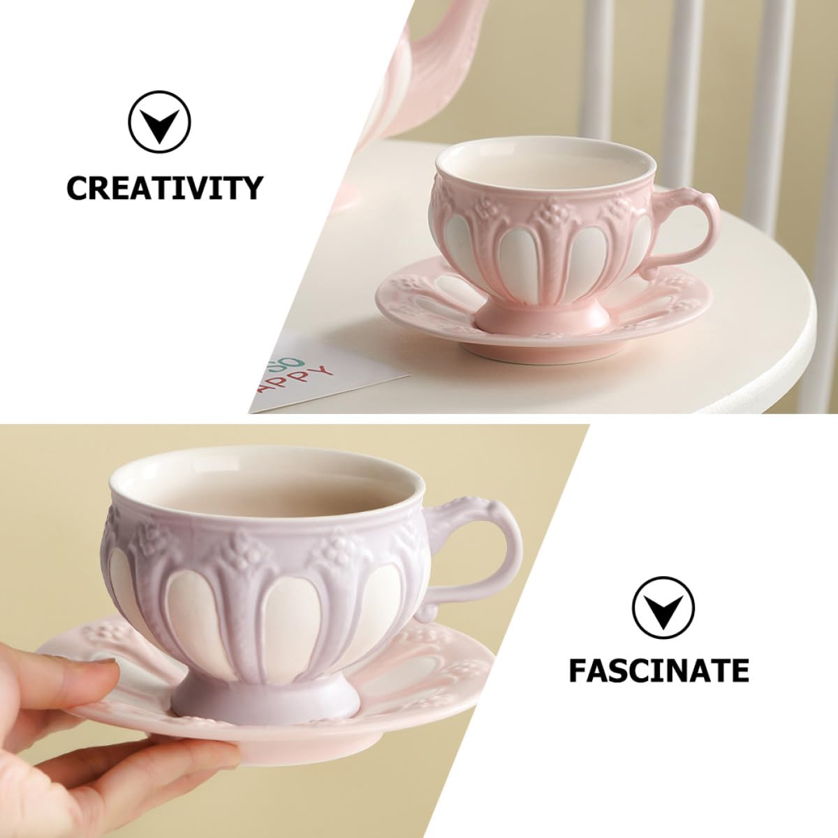 Juego de Tazas y Platillos de Cerámica Rosa Estilo Europeo Diseño en Relieve, Bordes Suaves y Cómodo para Café o Té en Cafetería o Pastelería