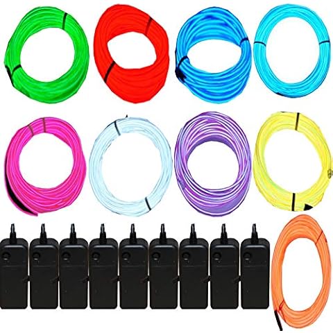 JYtrend 9 Pack 9ft Neon Light El Wire w/Battery Pack (Blue, Green, Red, White, Orange, Purple, Pink, Yellow, Aqua) Cover