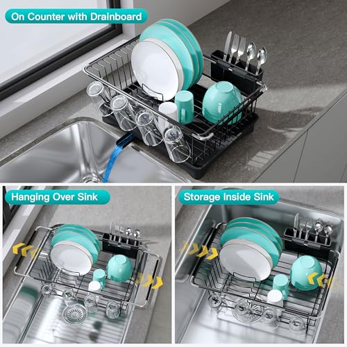 Image of JASIWAY Black Dish Drying Rack in Sink with Drainboard and Utensil Holder