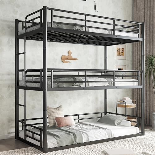 Image of Twin Over Twin Over Twin Bunk Bed with Safety Guardrails, Modern Metal Triple Bed Frame for Kids, No Box Spring Required, Black