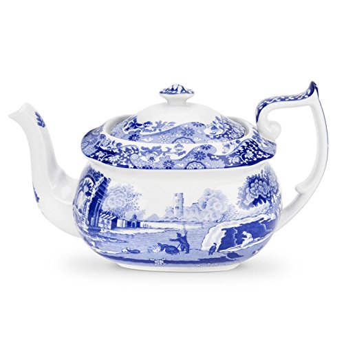 Spode Blue Italian Teapot with Infuser - 40 oz Countryside-Inspired Ceramic Teaware for Afternoon Tea, Earthenware Brunch Tableware, Vintage-Inspired Tea Party Hosting
