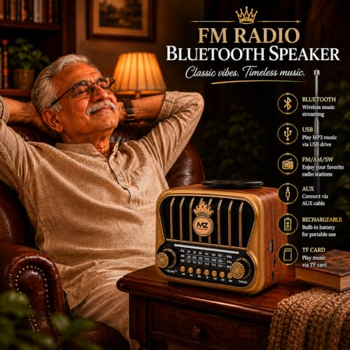 Image of Fire Turtle Vintage-Style FM Radio with Bluetooth Speaker | Portable Retro Music Player with Type-C Charging USB, SD Card, Headphone Jack & Frequency Knob - Brown (FR23)