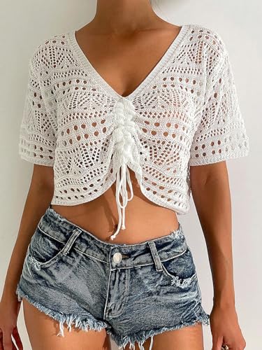 WDIRARA Women's Crochet Top V-Neck Drawstring Hollow Out Knit Cropped Cover Up Tee Shirts4