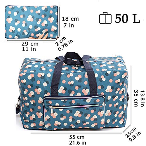 Foldable Travel Duffle Bag for Women Girls Large Cute Floral Weekender Overnight Carry On Bag for Kids Checked Luggage Bag (A-Blue flower)