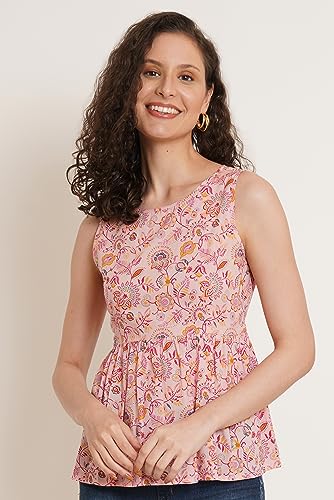 Image of COTLAND Fashions Jaipuri Cotton Sleeveless Printed Peplum Top for Women