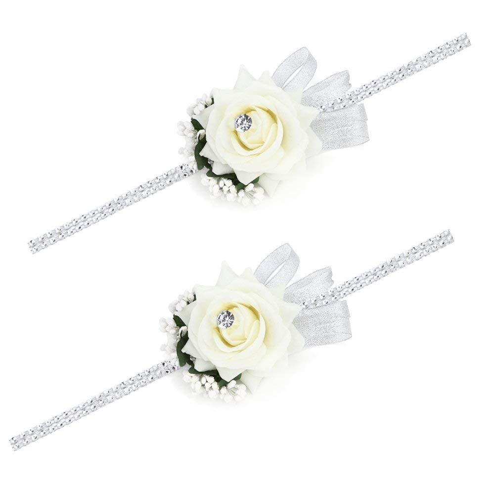 FAYBOX Flannel Open Rose Silvery Bling Ribbon Rhinestone Stretch Bracelet Wedding Prom Wrist Corsage Hand Flower
