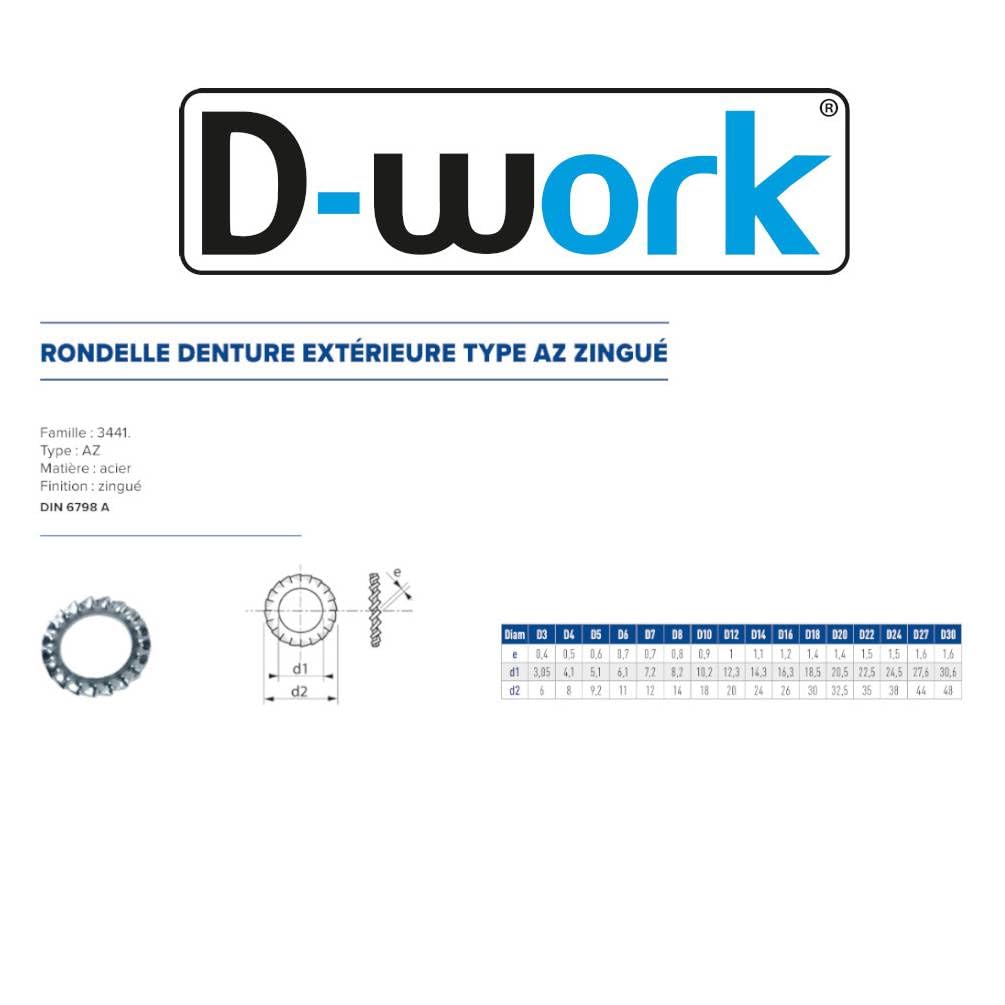 D-Work, 4 gusci da 100 rondelle a ventaglio dentatura esterna M10 mm, DIN 6798 A, zincata bianca