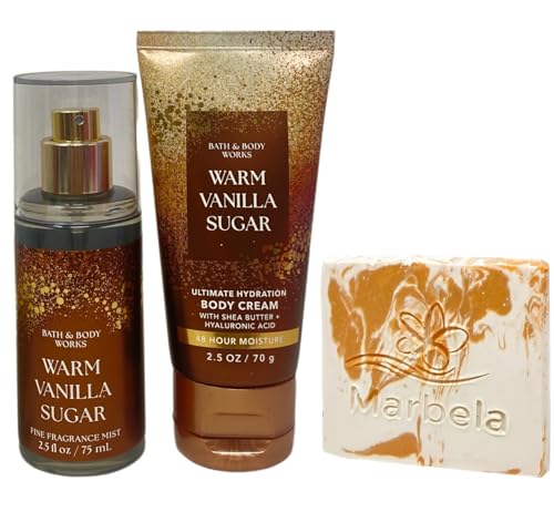 Bath &amp; Body Works Warm Vanilla Sugar - Fine Fragrance Mist - Ultimate Hydration Body Cream - with a Peach Gardenia Sample Soap - Travel Size