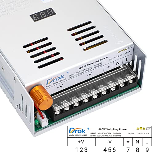 Image of DROK 60V Power Supply, AC 110V 220V to DC 0-60V 8A 480W Buck Converter, Adjustable Variable LED Adapter Regulated 5V 12V 24V 30V 36V 48V 60Volt Transformer 3A 5A 8Amp Charger for Lab CCTV