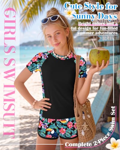 Image of Xaatren Girls 2 Piece Rash Guard Swimsuit | Quick Dry Bathing Suits, Short Sleeve Floral Beach Swimwear, Summer Tee and Boyshort Sets, Protection, Hawaiian, 7-16 Year
