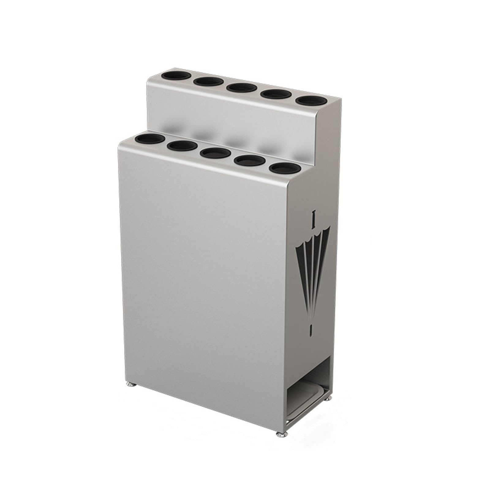 BHFPFZA Large Capacity Metal Umbrella Stand, Double Layer Commercial Design, Removable Drain Tray for Home Entryway, Hotel Lobby, Silver Finish