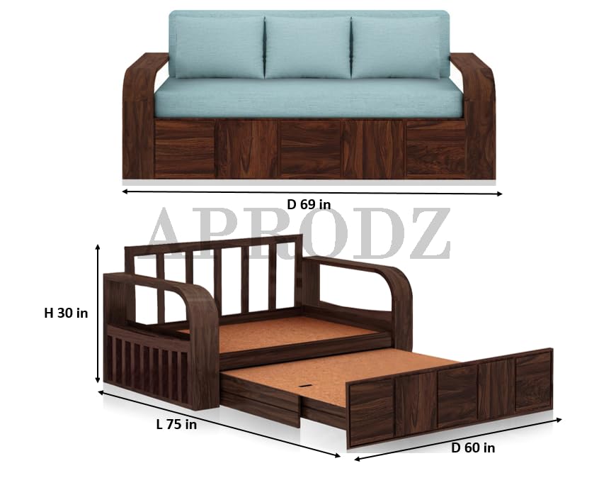 Image of APRODZ Sheesham Wood Sofa Cum Bed, 3 Seater, Walnut Finish, Blue Upholstery (75 x69 x30 Inch)