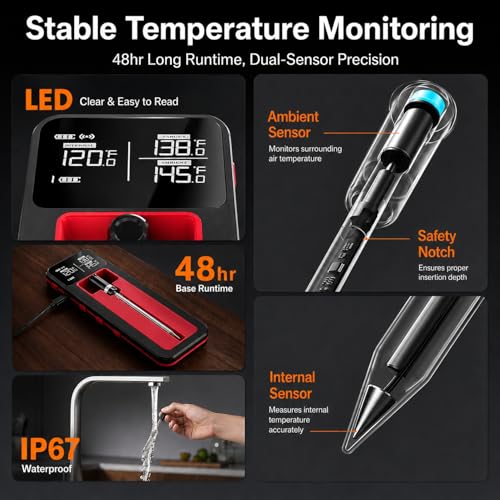QUICKHORSE Smart Wireless Meat Thermometer IP67 Ultra-Thin Probe ±0.5℉ Accuracy Bluetooth 230ft Real-Time Monitoring & Smart Alerts with APP Standalone Display Base for BBQ, Oven, Kitchen,Grill,Smoker — view 5