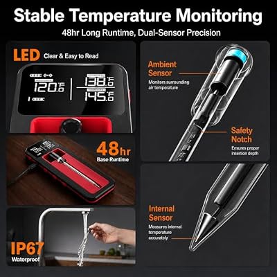 Smart Wireless Meat Thermometer IP67 Ultra-Thin Probe 0.5F Accuracy Bluetooth 230ft Real-Time Monitoring & Smart Alerts with APP Standalone Display Base for BBQ, Oven, Kitchen,Grill,Smoker
