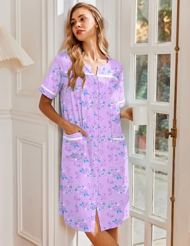 Image of Ekouaer Nightgowns for Women House Dress with Pockets Snap Front House Coat Short Sleeve Duster Moo Moos Sleepwear S-3XL