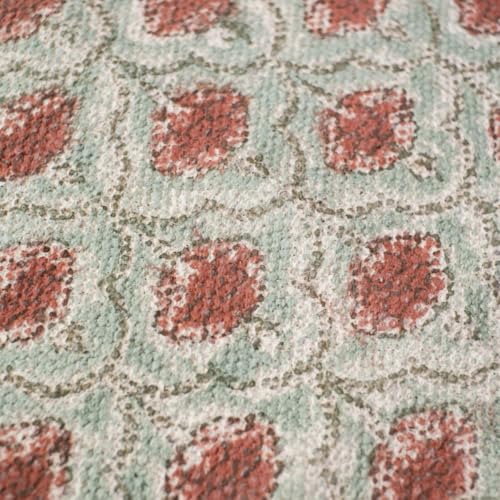 Image of Peepul Tree Pure Cotton Hand Block Printed Rug in Green and Dusty Pink Colours with a Floral Design | Modern Carpet Durries for Living Room, Bedroom | 2 x 7 Ft | The Royal Courtyards Collection